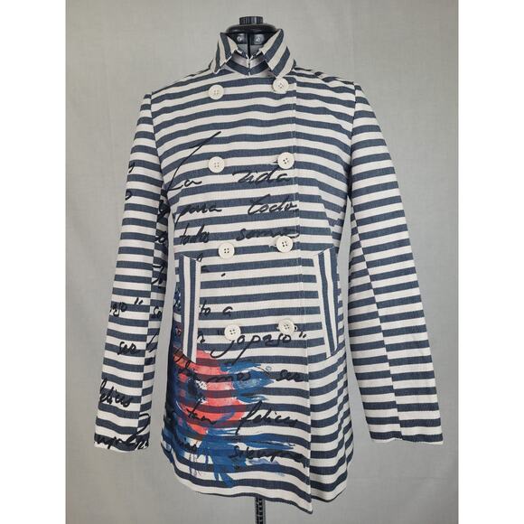 Desigual Mencia Blue & White Striped Double Breasted Blazer Floral Print Sz 38 - Picture 3 of 12